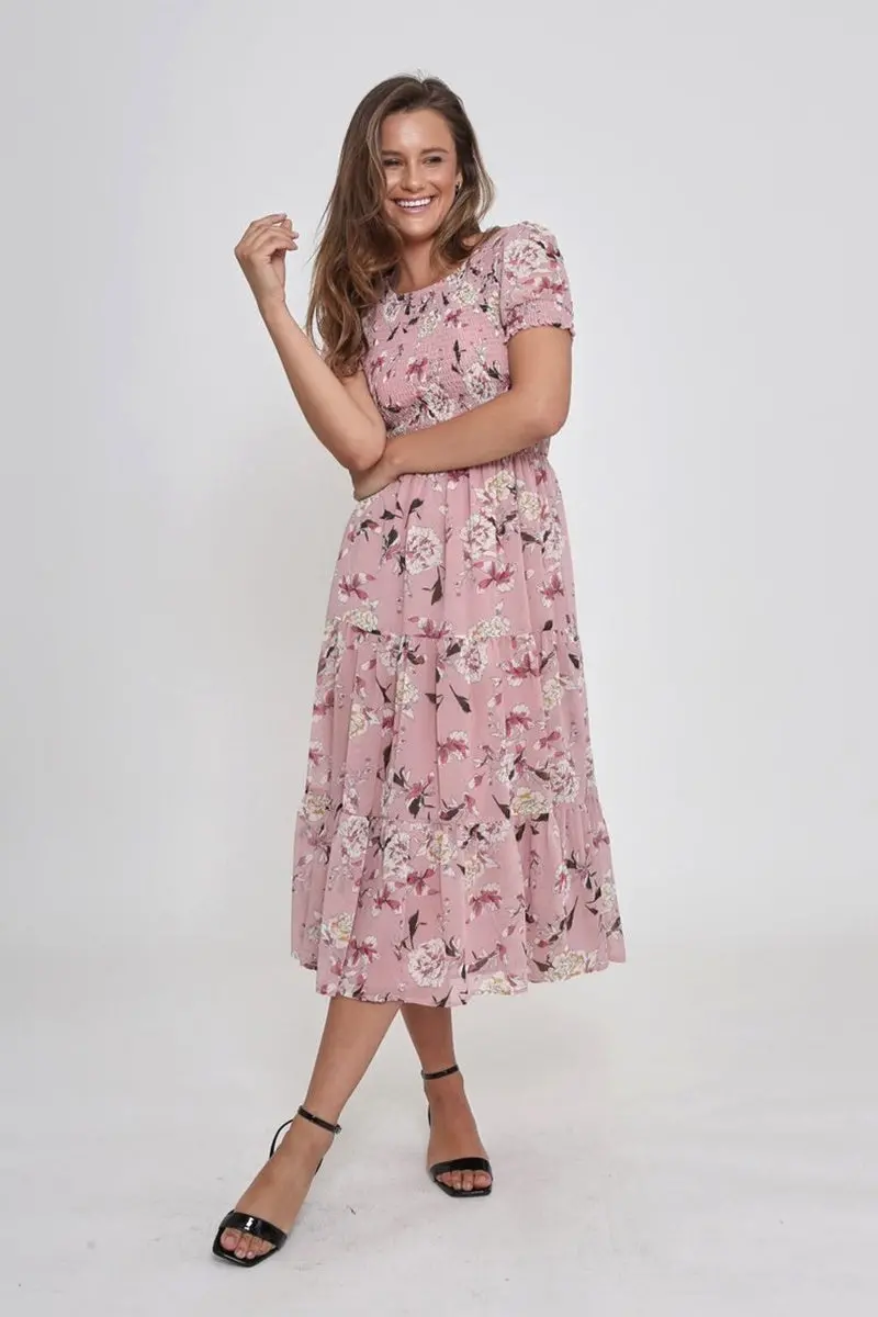 Leoni - Phoenix Dress Short Sleeve - Pink Floral 1