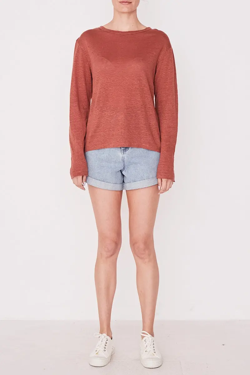 Assembly Label - Mara Linen Long Sleeve Tee - Auburn 1