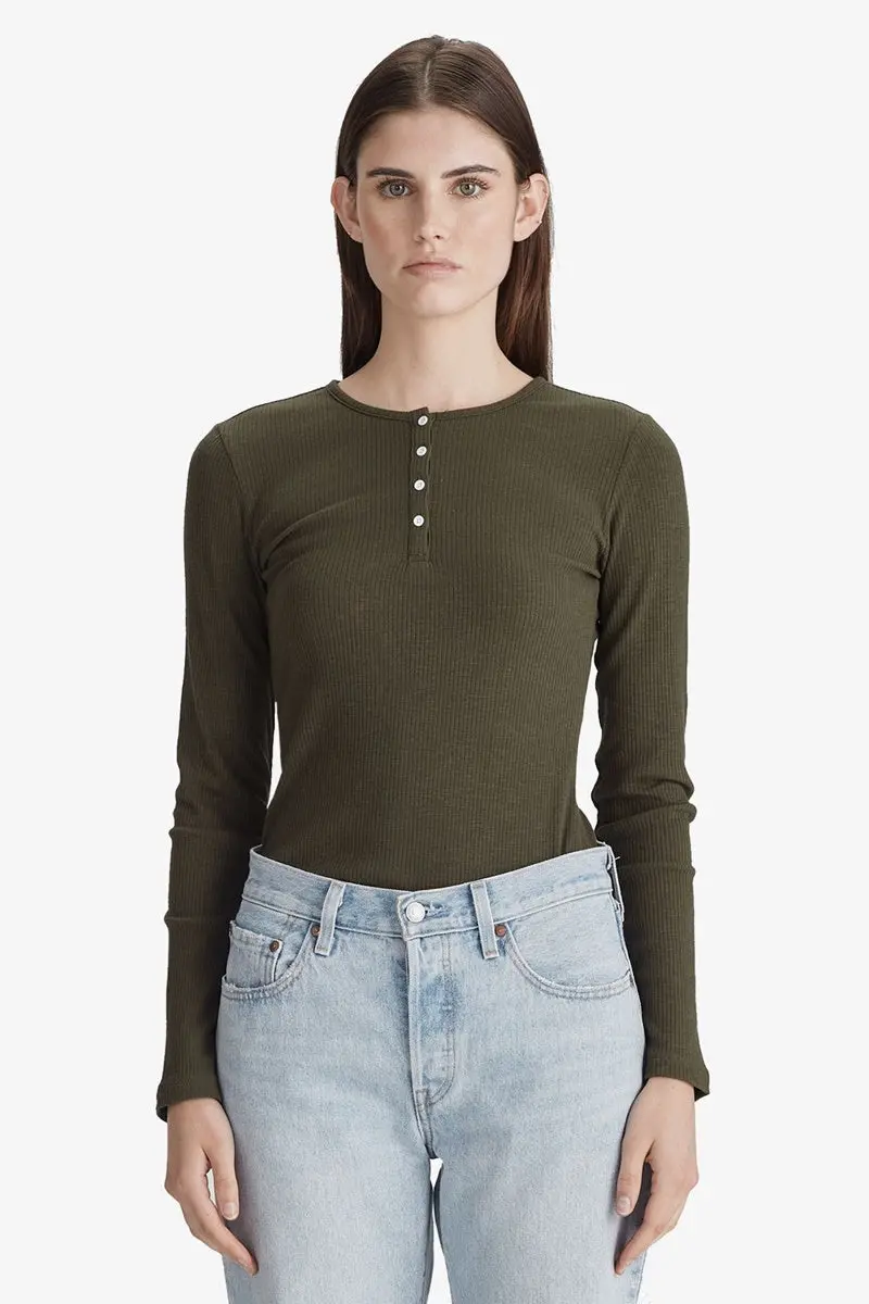 Commoners - Base Ribbed L/S Henley - Khaki 1