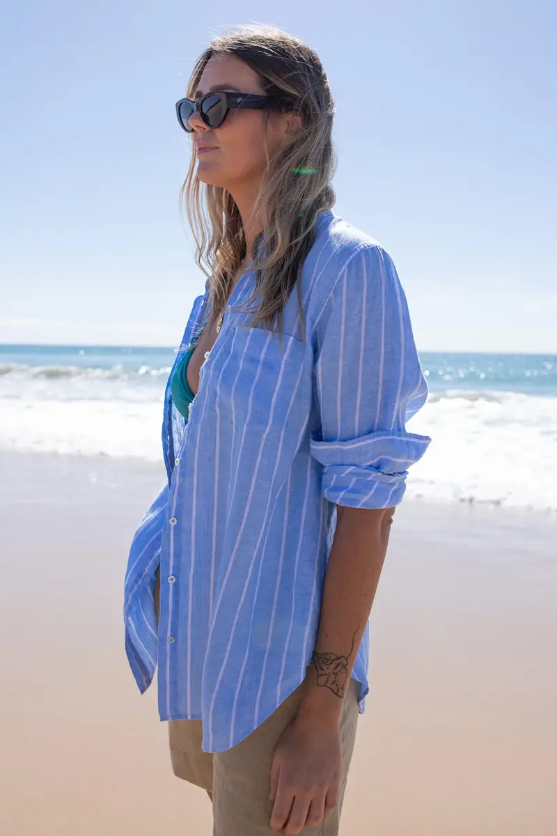 Hut - The Boyfriend Linen Shirt - Amalfi Light Blue Stripe 1