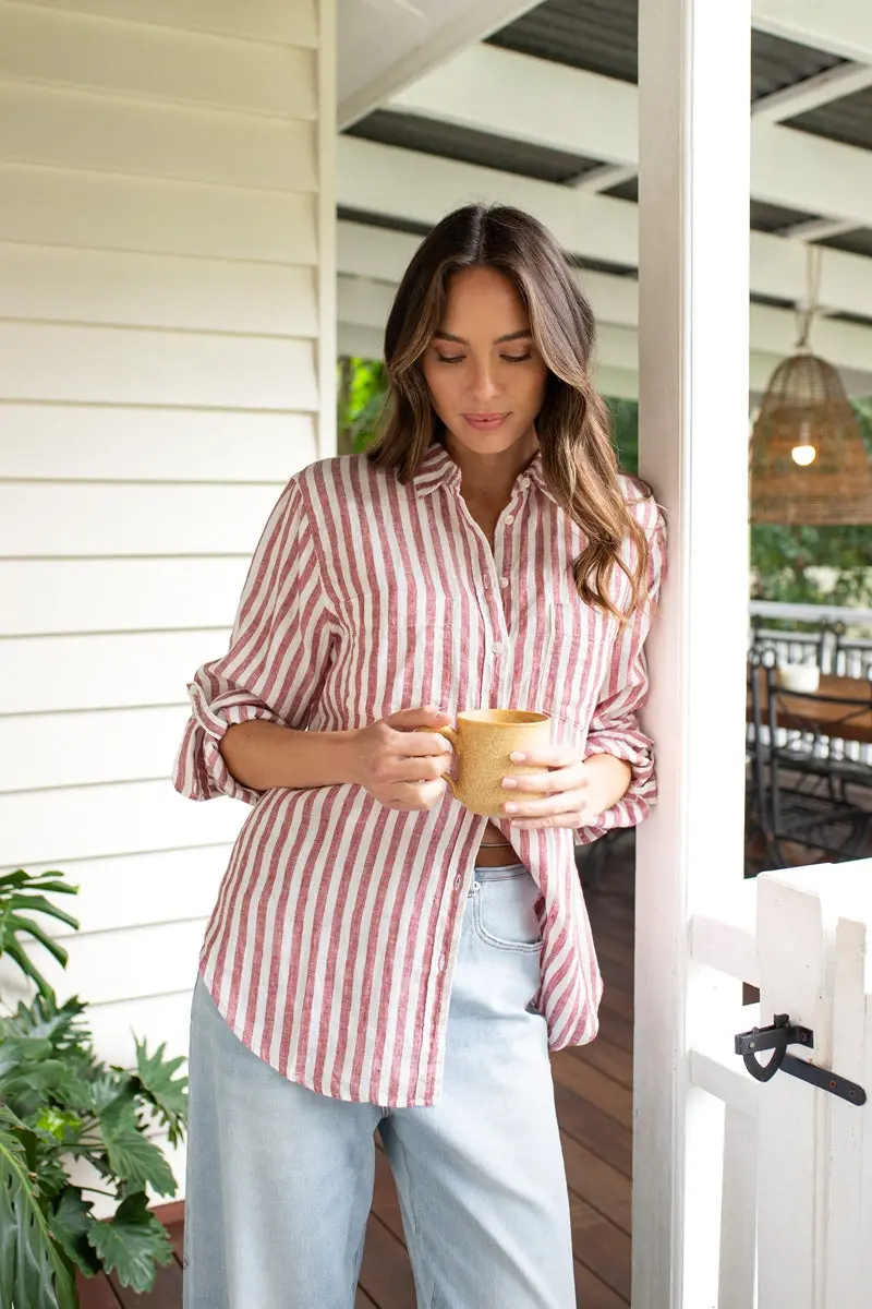 Hut - Boyfriend Linen Shirt - Rhubarb Stripe 4