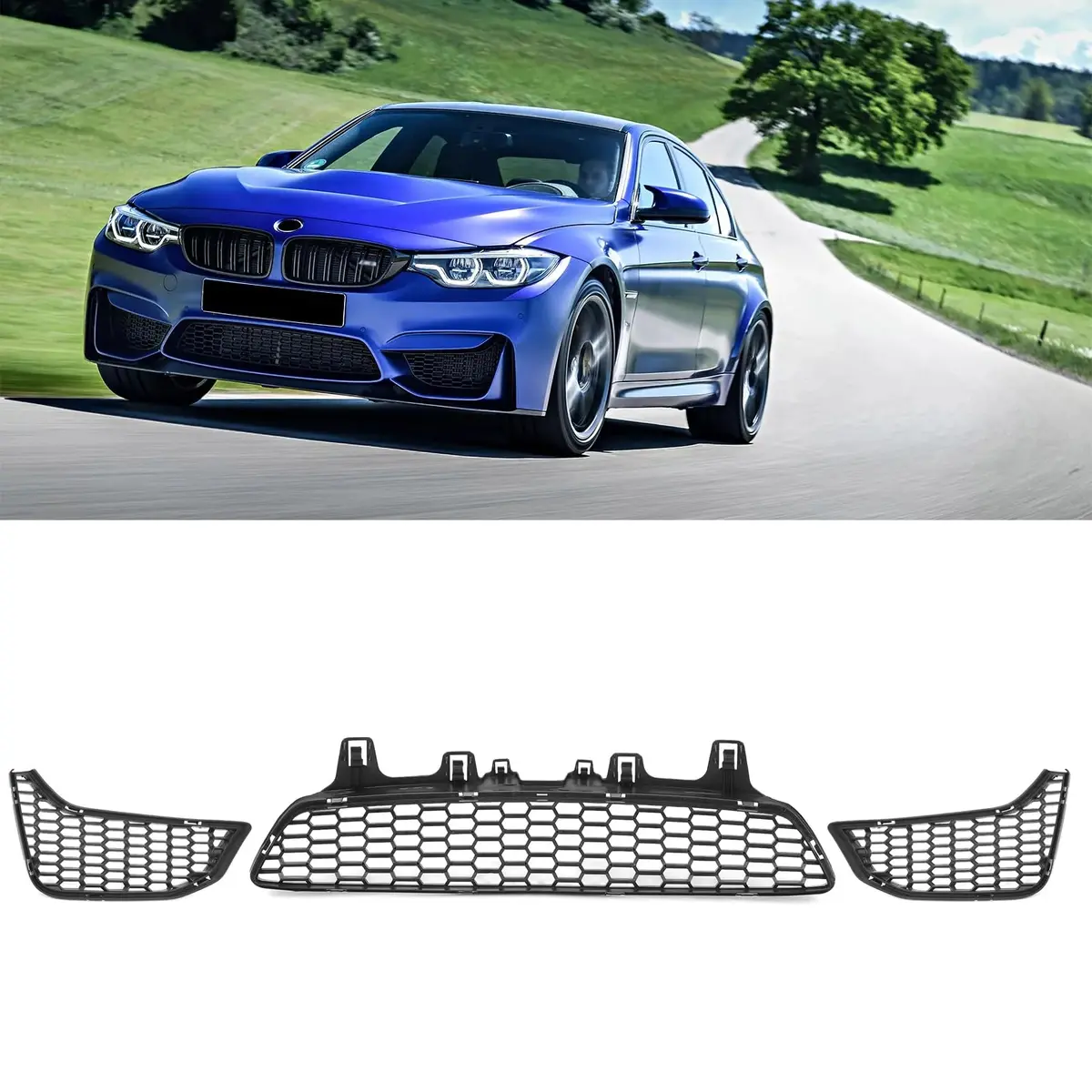 3Pcs 51118054301 + 51118054302 + 51118054294 Front Bumper Air Intake Open Mesh Grille 1