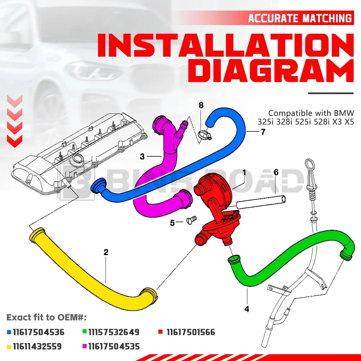 5Pcs Crankcase Vent Valve & Breather Hose Kit 11617504536 + 11611432559 + 11157532649 + 11617504535 + 11617501566 2