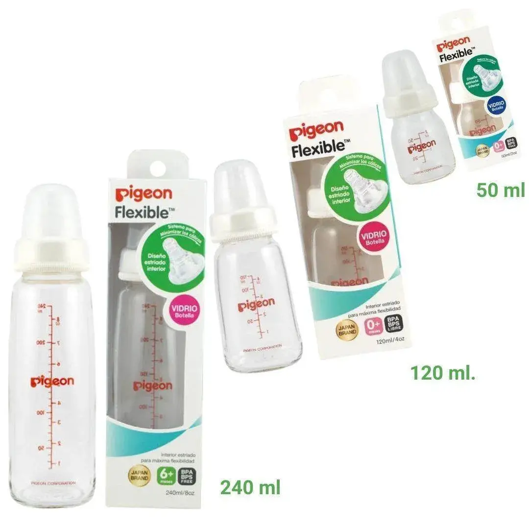 Mamadera De Vidrio Pigeon Flexible 50Ml. / 120 Ml. /240Ml. Para Bebés 0M+ (Recién Nacidos) 0M+(Primeros Meses) Y 6M+ 1
