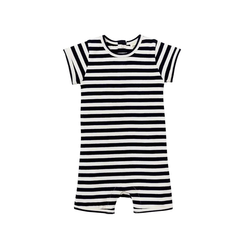Nature Baby - Short Sleeve Quincy Romper - Navy Sea Stripe 1