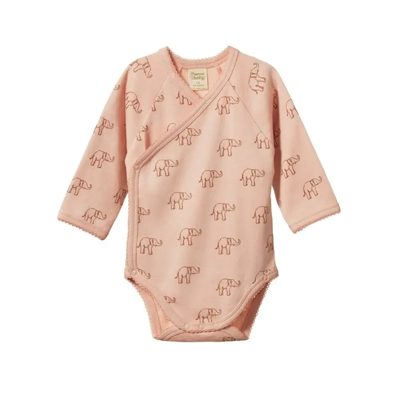 Nature Baby - Ls Kimono Bodysuit - Elephant Rose Dust Print 1