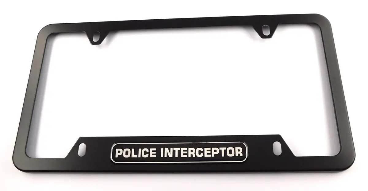 Police Interceptor Metal Black Aluminium Car License Plate Frame Holder 4 Hole Bottom Cutout 1