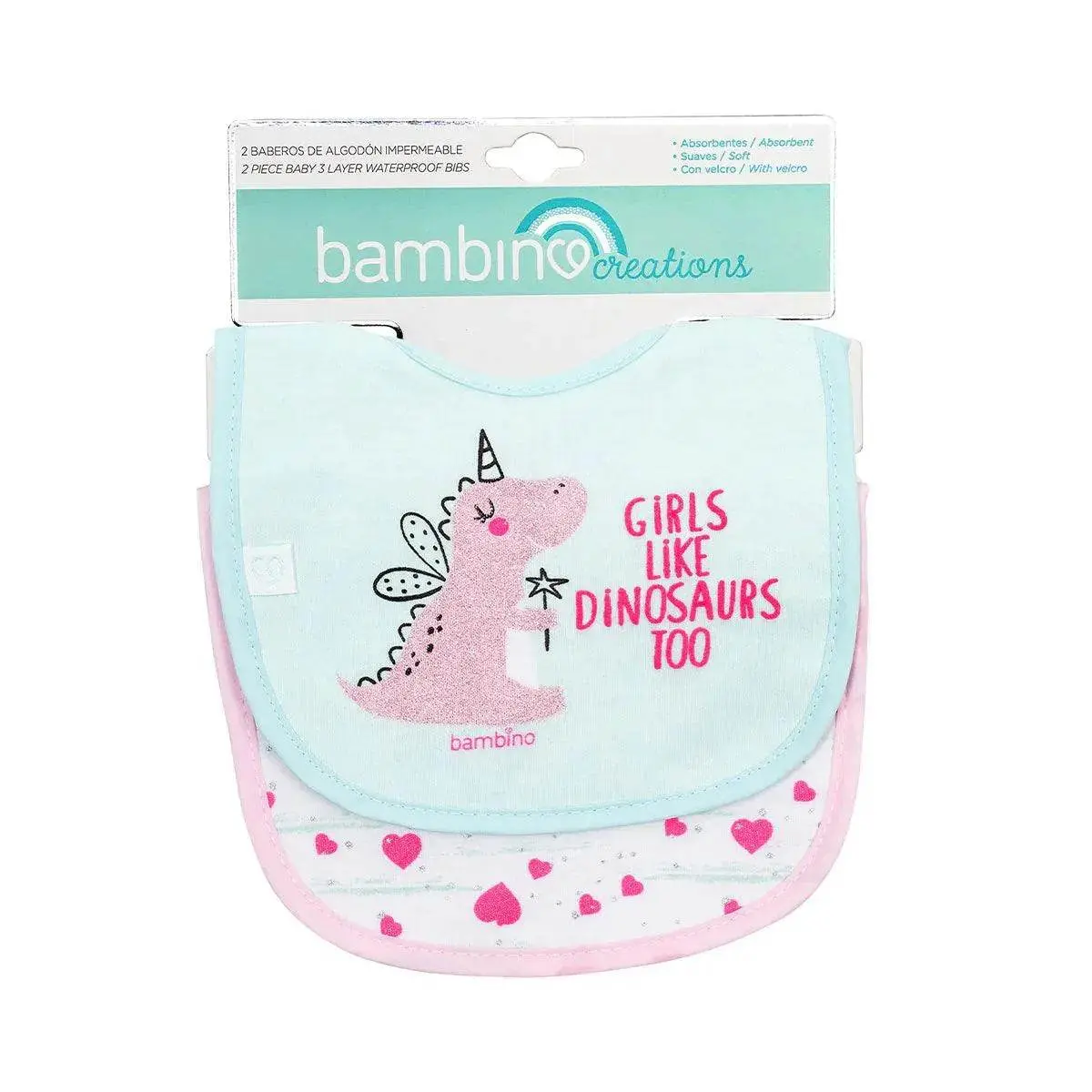 Set 2 Piezas Babero Algodón Impermeable Dino Verde, Bambino 1