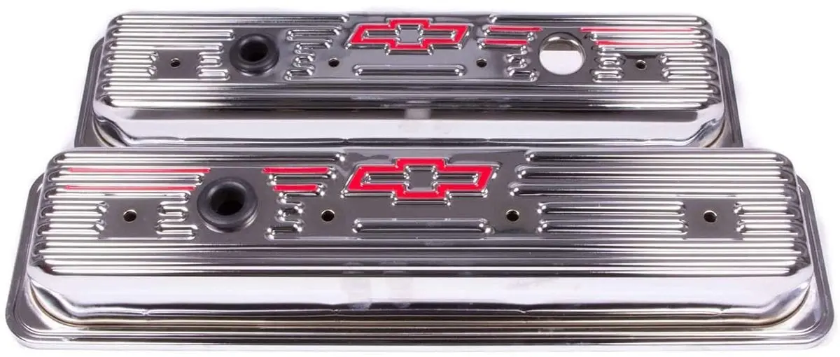 Chrome Stamped Valve Covers With Bowtie Logo – Center Hold-Down Design 1